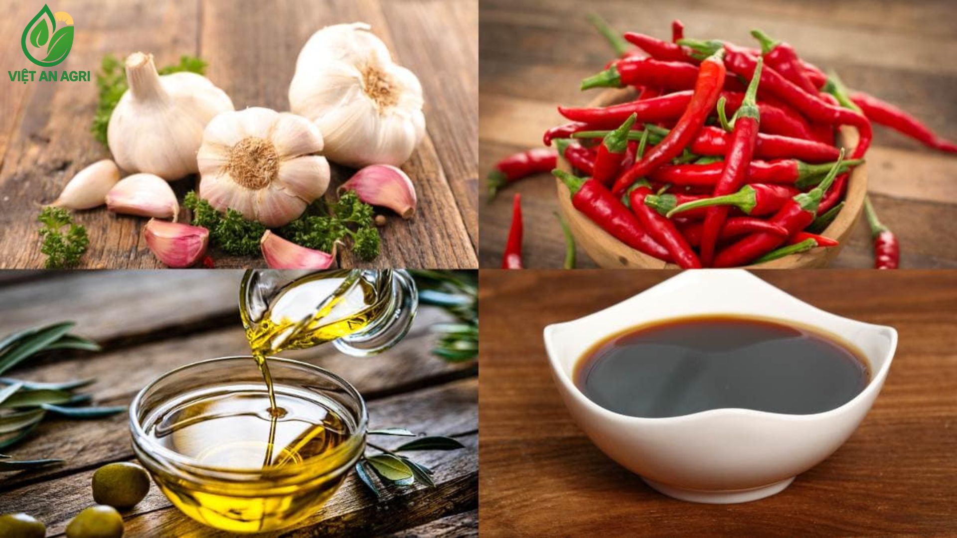 Tỏi-nguyên-củ-và-tép-tỏi-trên-gỗ-mộc-Ớt-đỏ-tươi-trong-bát-gỗ-Dầu-ăn-đang-được-rót-vào-bát-Nước-tương-hoặc-xì-dầu-trong-bát-trắng-tất-cả-trên-nền-gỗ